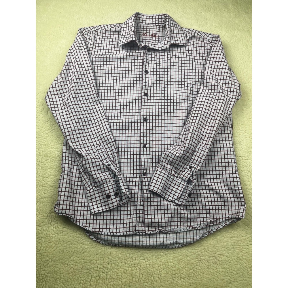 Tasso Elba Dress Shirt‎ Mens Small Long Sleeve Brown Plaid Button Shirt Purple